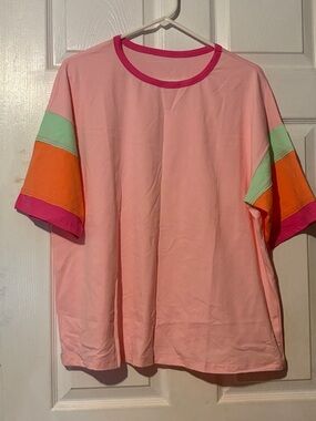 Source Unknown Pink Tee with Orange & Mint Sleeve Panels